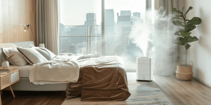 Smart Air Purifier running in a bedroom to reduce allergens during allergy season.