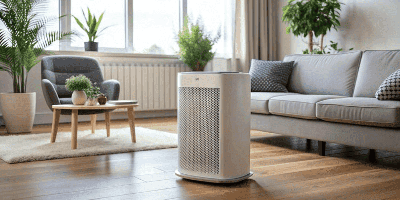 Modern living room with Smart Air Purifier improving air quality during allergy season.