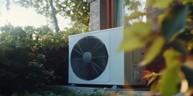 Outdoor heat pump unit installed near a residential home Outdoor heat pump unit installed near a residential home