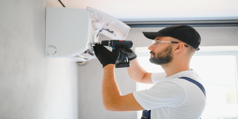 A technician is repairing a leaking air conditioner indoor unit.