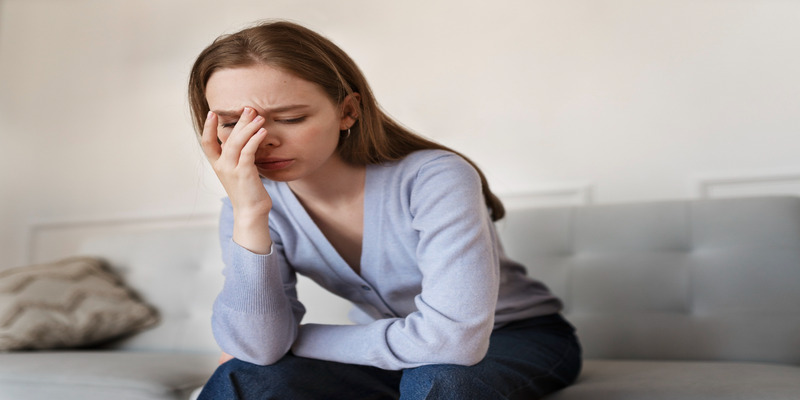 A woman has a headache due to poor air quality.
