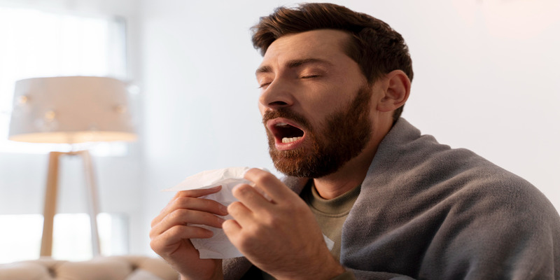Man sneezing, showing respiratory symptoms caused by bad air quality