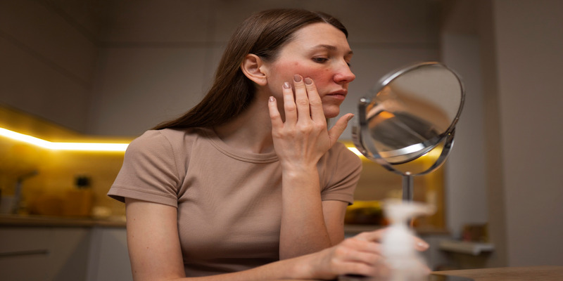 Woman inspecting skin irritation, a sign of bad air quality