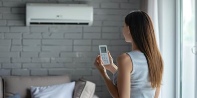 Woman changing air conditioner settings with a remote control in a living room.