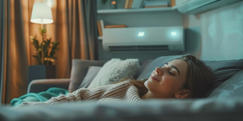 Woman relaxing on couch with air conditioner on Woman relaxing on couch with air conditioner on