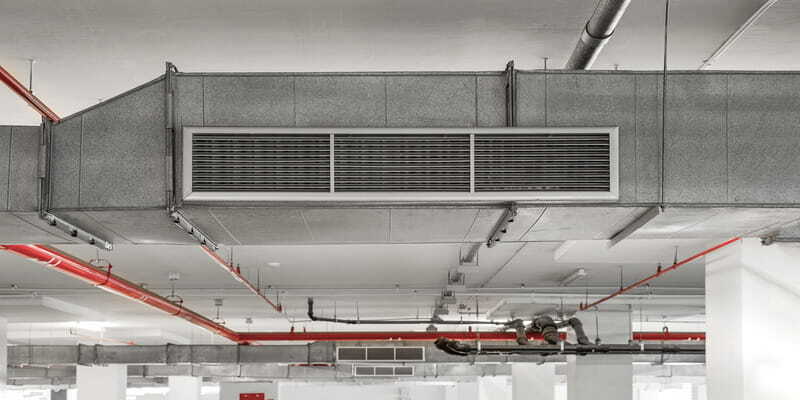 Commercial HVAC ductwork inside a large building