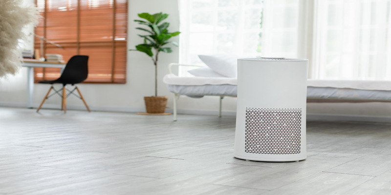 Cylindrical air purifier in a spacious, bright living space
