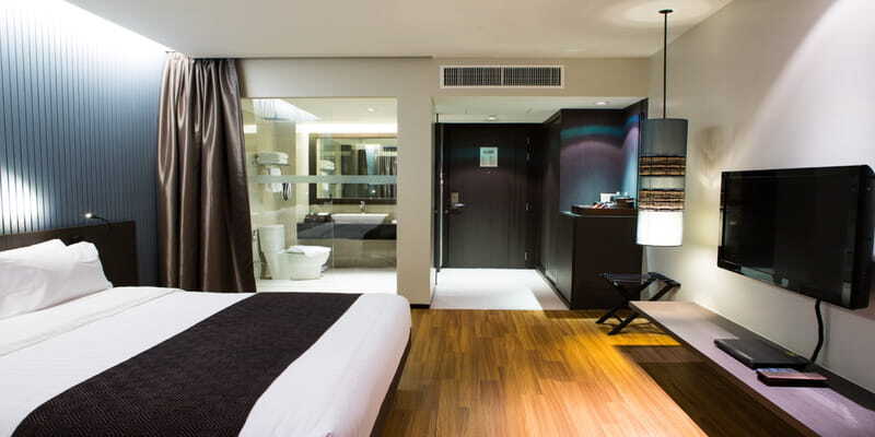 Hotel room with integrated HVAC air conditioning system