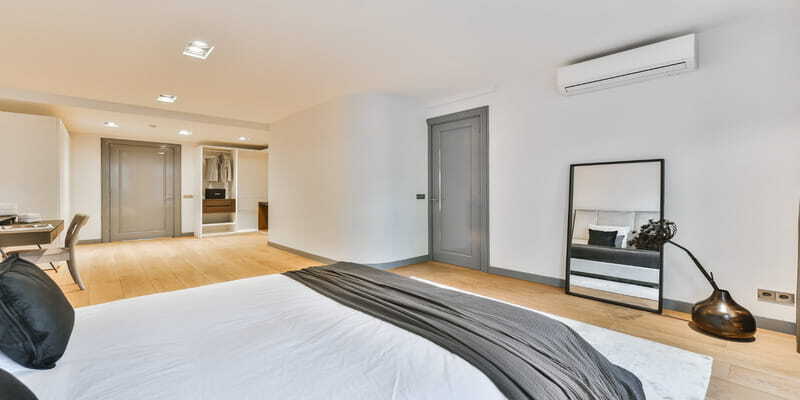 Spacious hotel suite with wall AC unit and smart climate control
