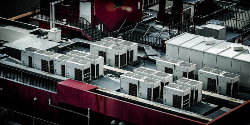 Rooftop commercial HVAC systems on a large building