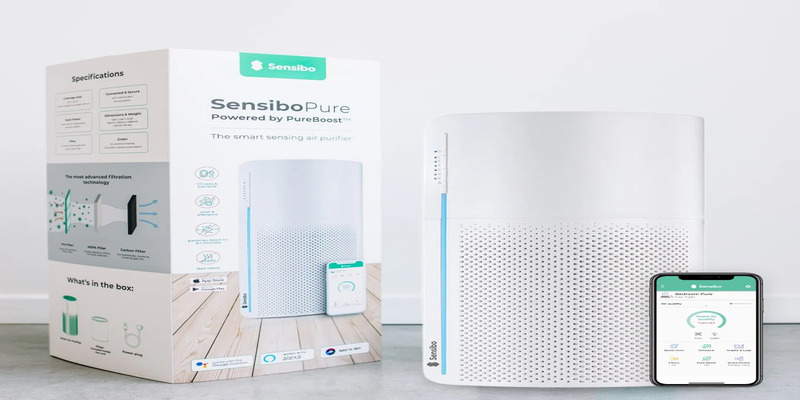 Sensibo Pure air purifier with product box and phone app shown