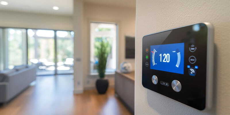 Smart thermostat control panel in modern commercial interior