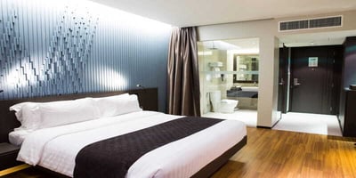 Modern hotel room with energy-efficient HVAC and smart lighting