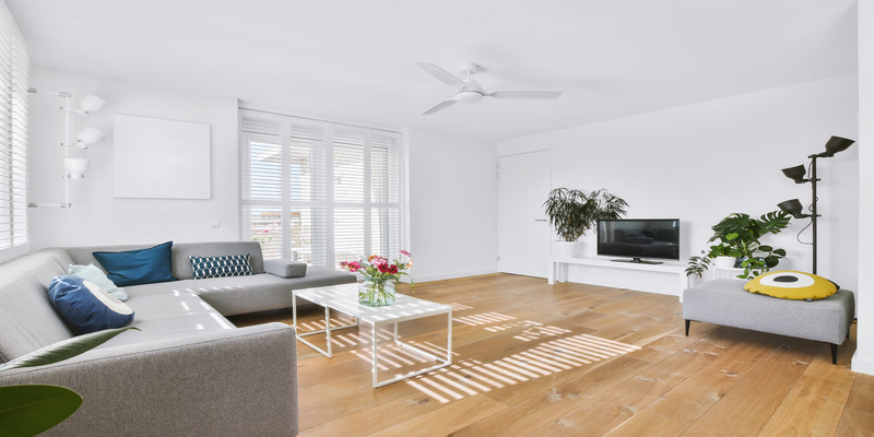 Bright and airy living room with fan and plants for summer comfort.