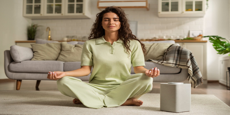 Woman meditating near air purifier improving indoor air quality